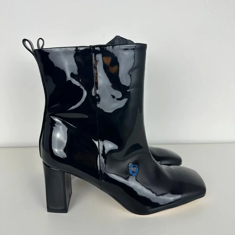 NWOB Good American Womens Pull-On Square Toe Black Patent Leather Ankle Boots 9